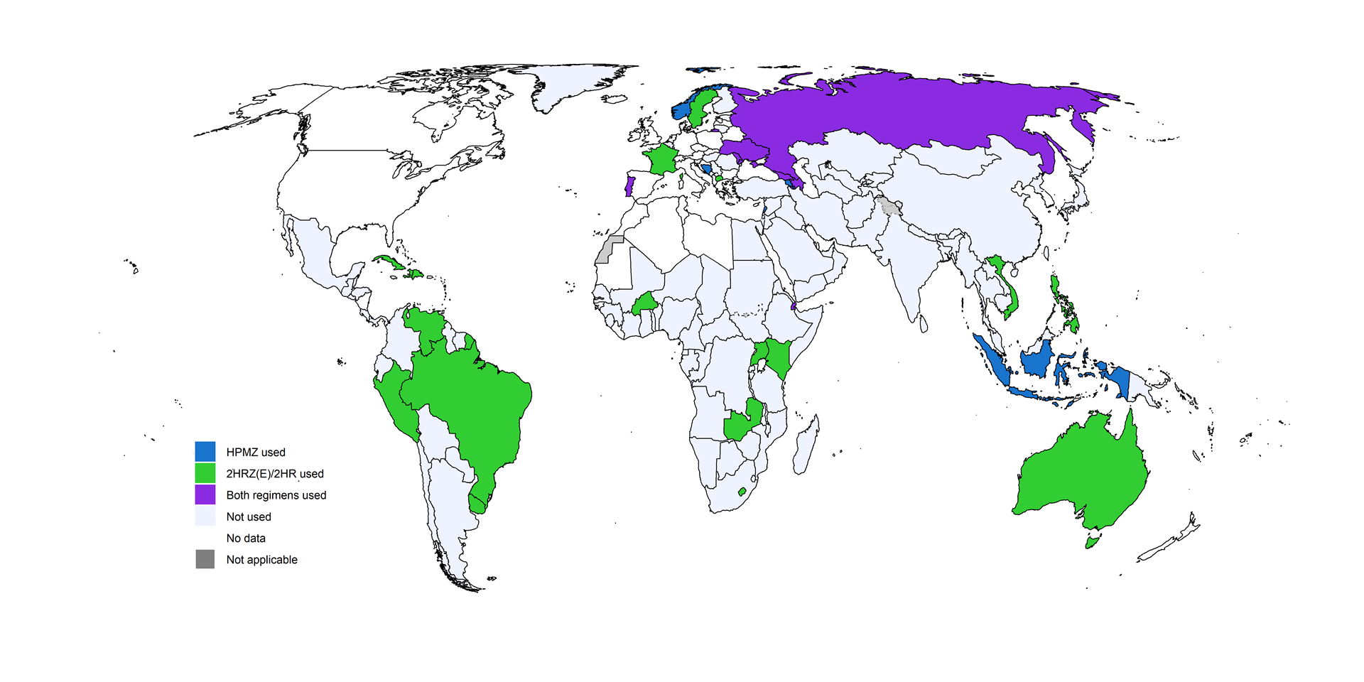 World map showing countries using the new 4-month regimen
