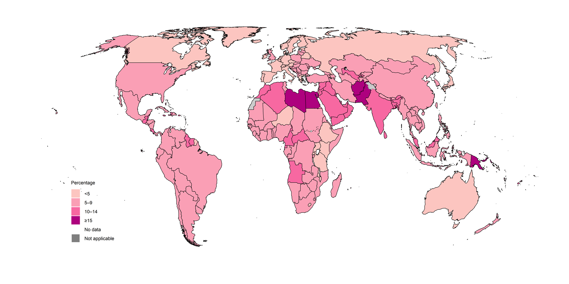 Map showing percentage of people with a new episode of TB attributable to diabetes