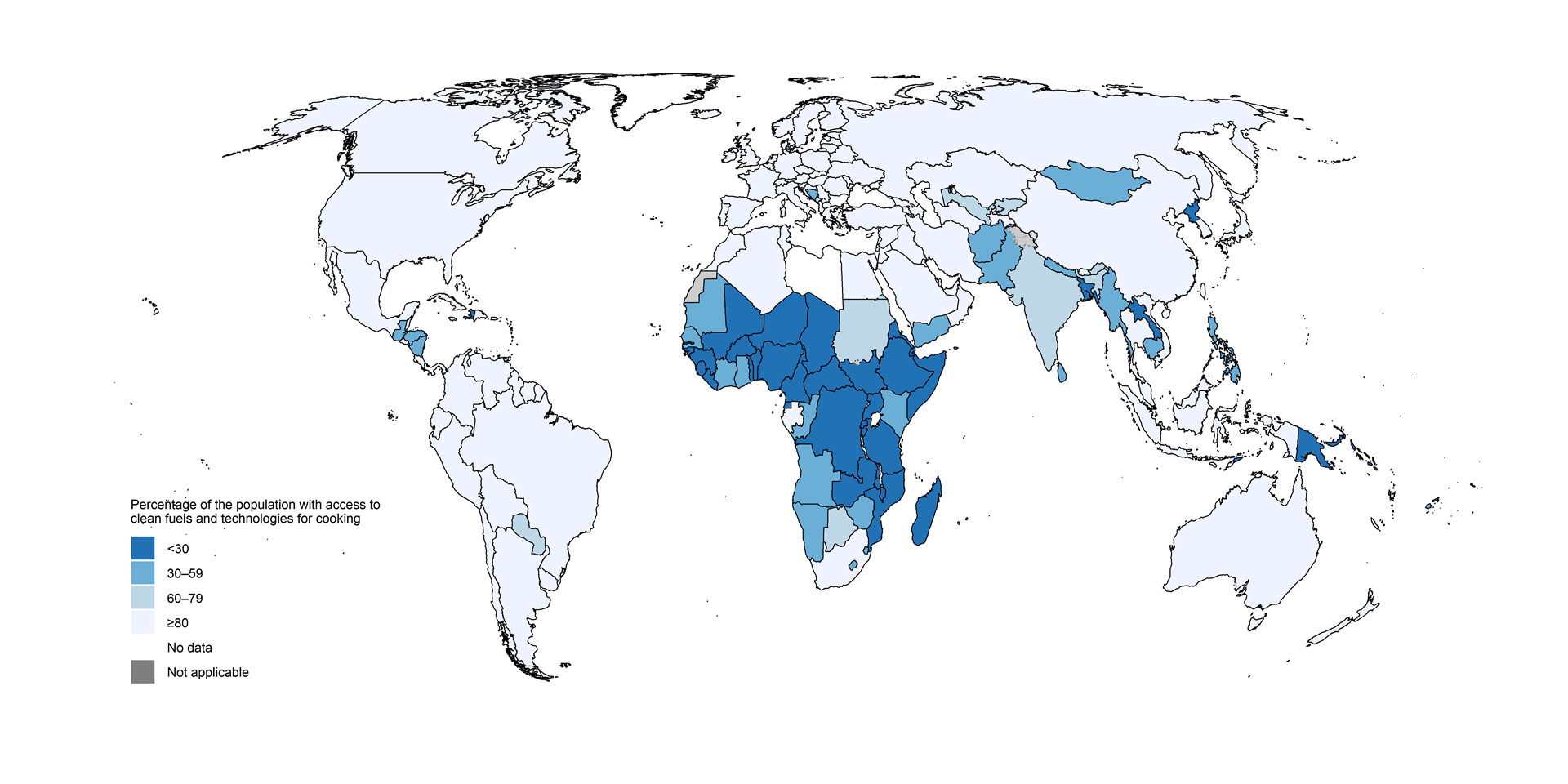 Map showing percentage of the population with access to clean fuels and technologies for cooking