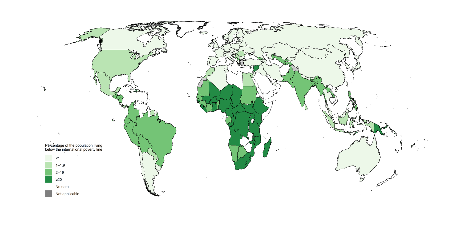 Map showing percentage of the population living below the international poverty line