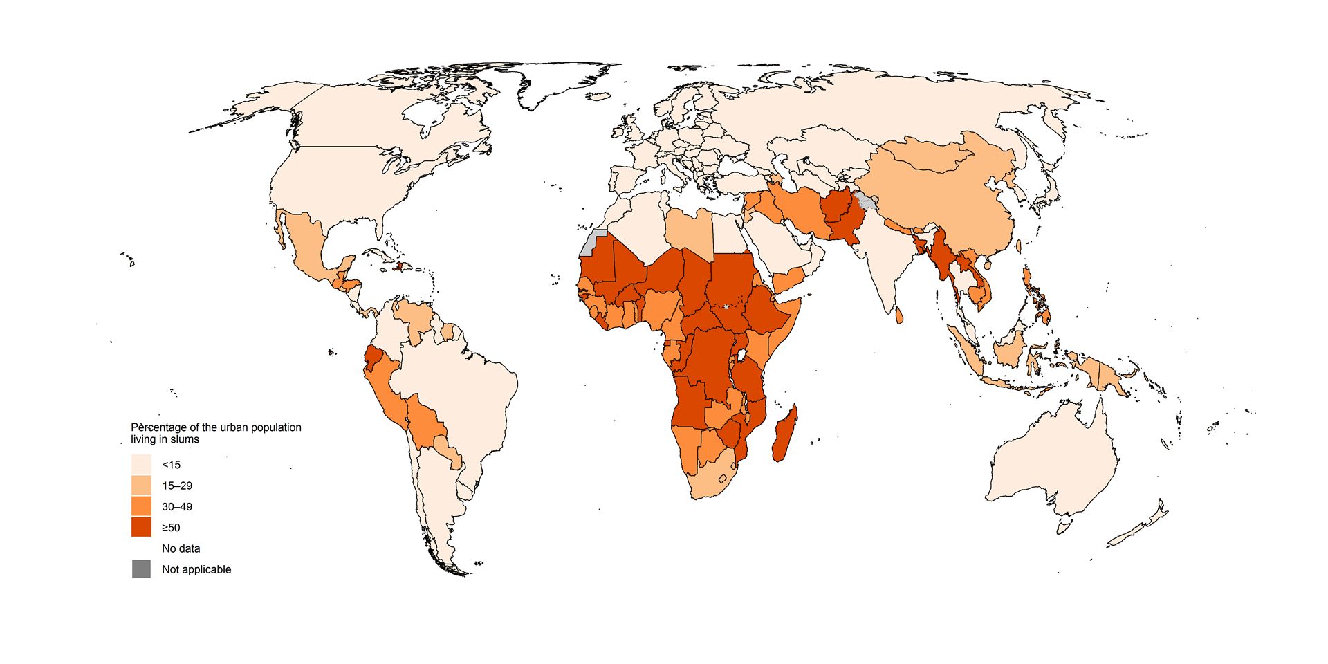 Map showing Percentage of the urban population living in slums