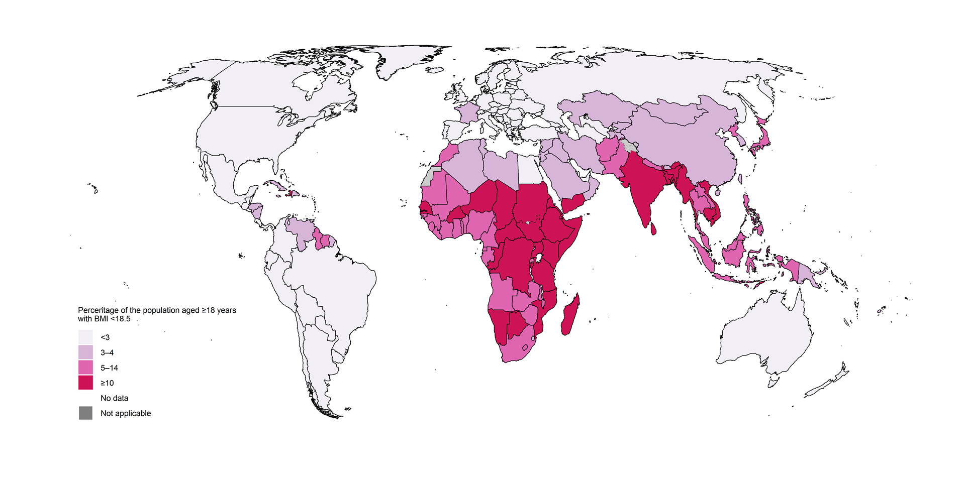 Map showing percentage of the population aged ≥18 years with BMI less than 18.5