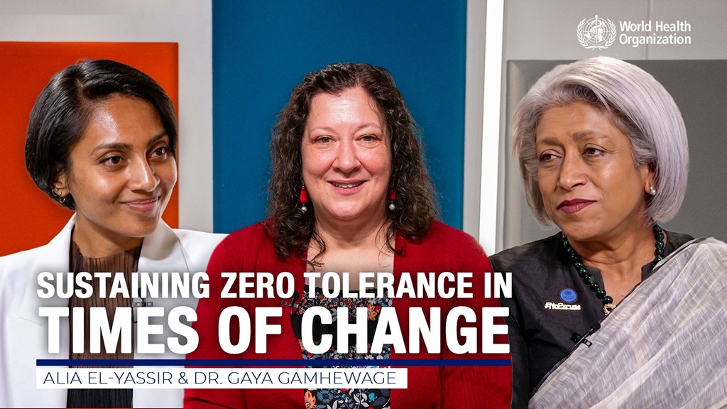 A collage of three women and the overlay text "Sustaining zero tolerance in times of change".