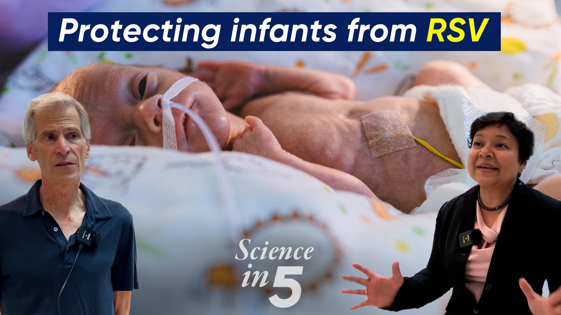 Two cut out people in front of a backdrop image of an infant hooked up with tubes, and the overlay text "Protecting infants from RSV".
