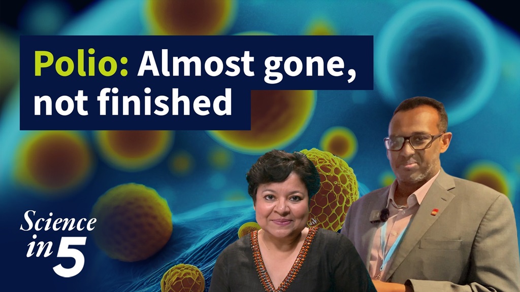 Image collage of two people with a backdrop of illustrated viruses and the text "Polio: Almost gone, not finished".