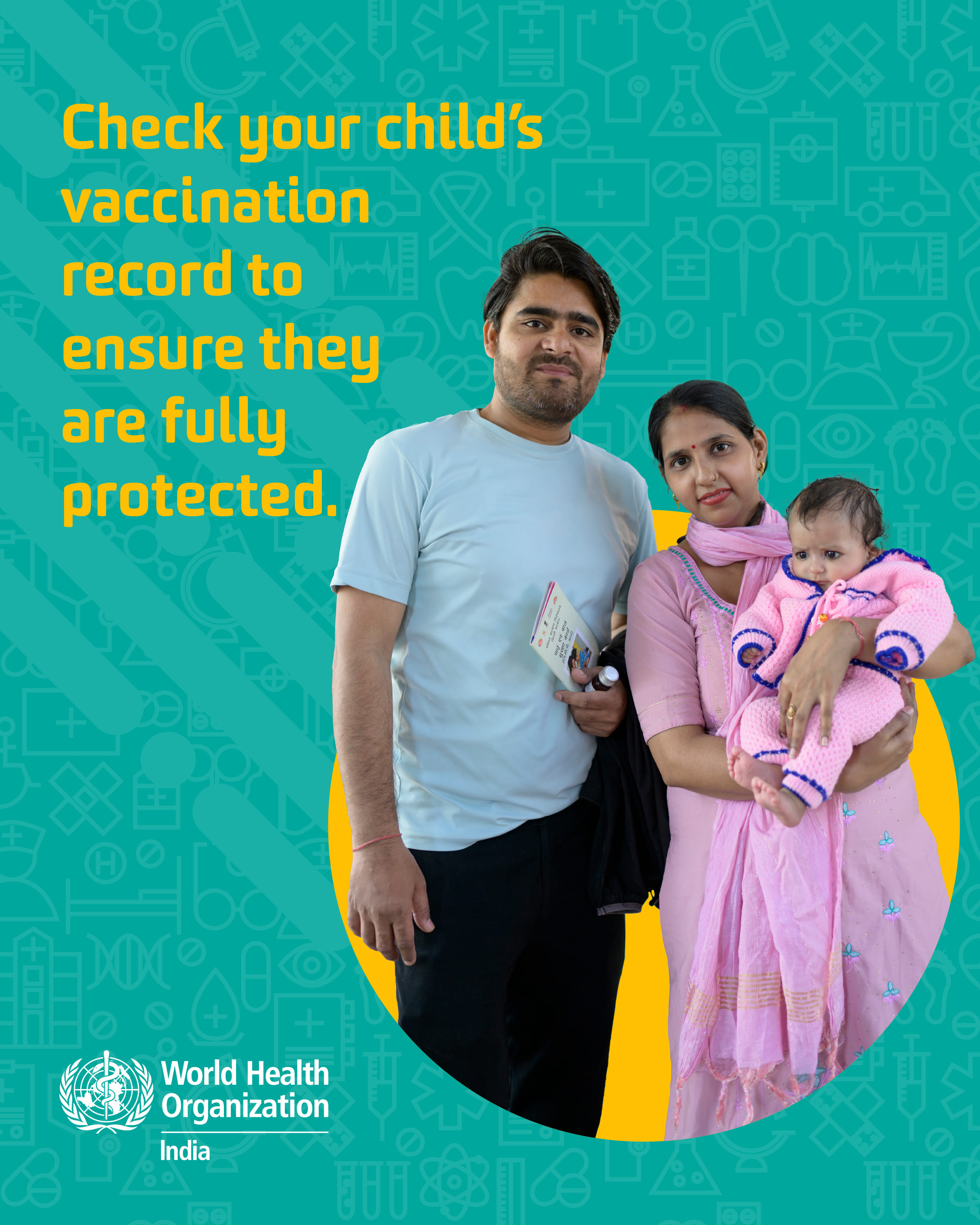 Poster instructing parents to check their child's vaccination record to ensure they are fully protected