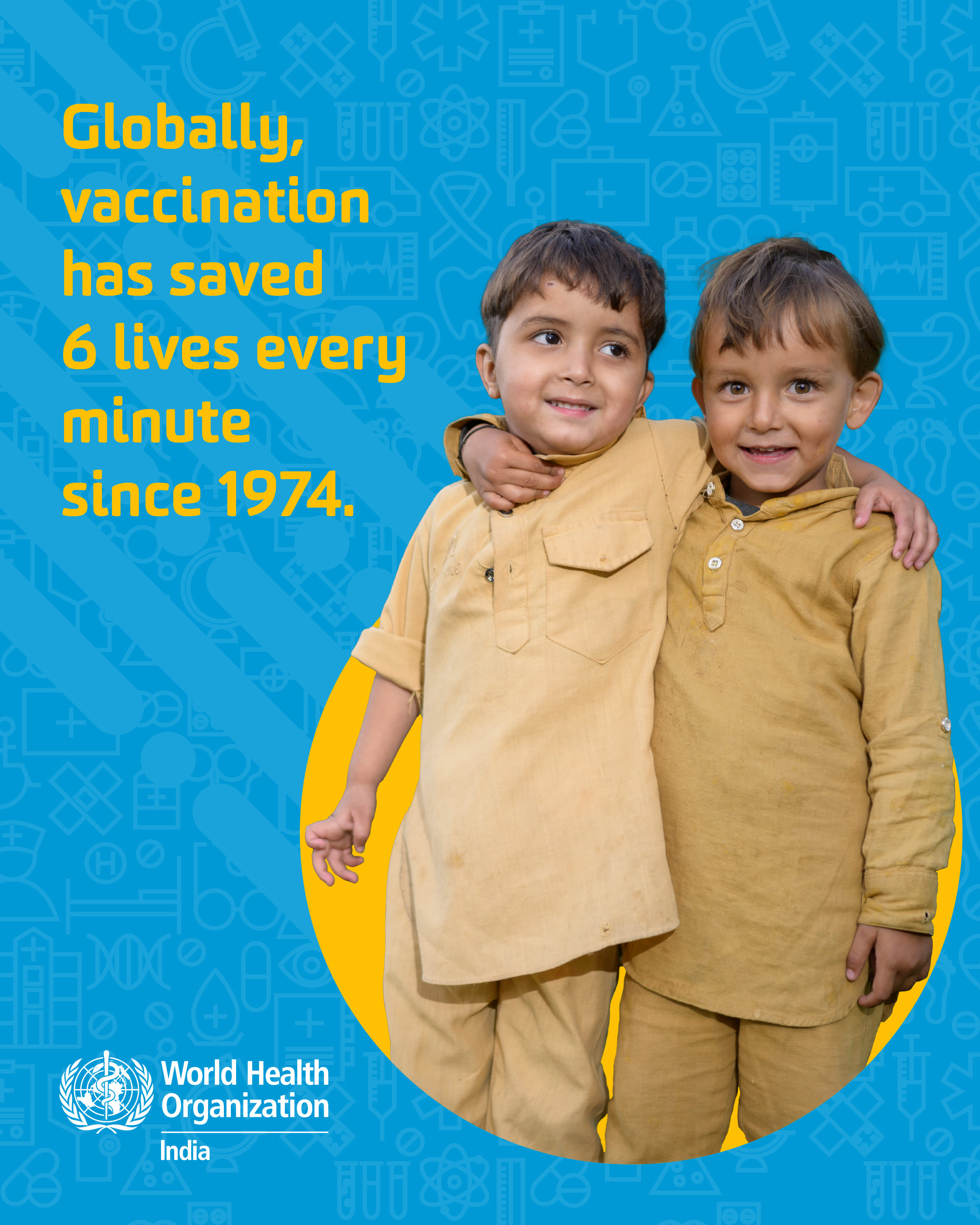 Poster stating that globally, vaccination has saved 6 lives every minute since 1974.