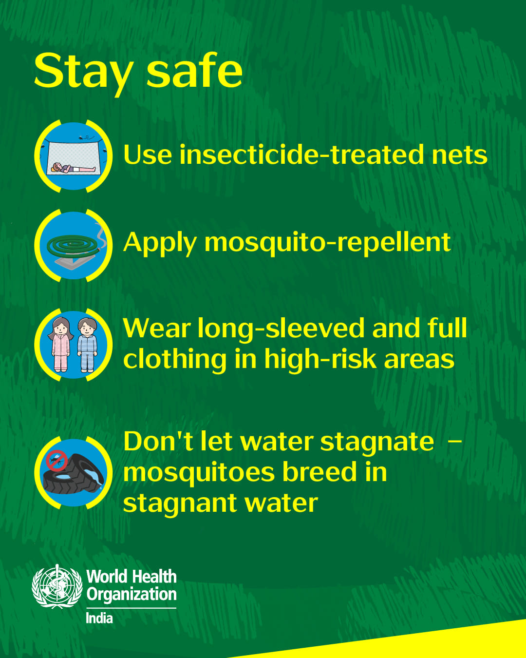 WHO India poster with tips to stay safe from mosquitoes