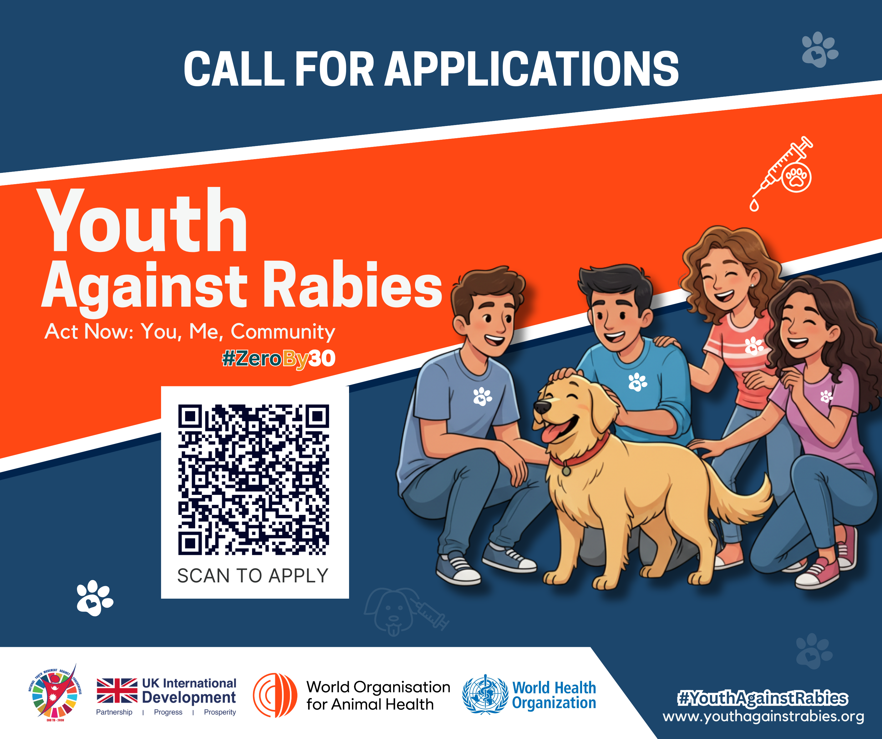 Poster for Youth Against Rabies campaign with young people, a dog, and a QR code to apply