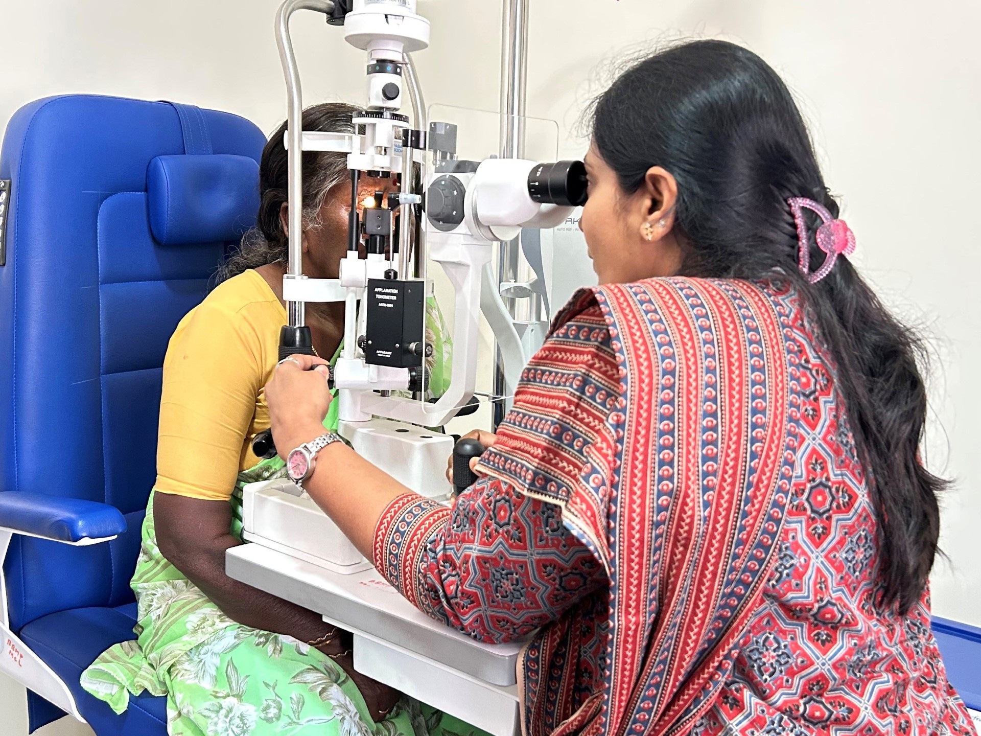 Ms Selvi B., 65, undergoes a follow-up eye check-up at Bruhat Bengaluru Mahanagara Palike Multispeciality Hospital in MC Layout, Bengaluru.