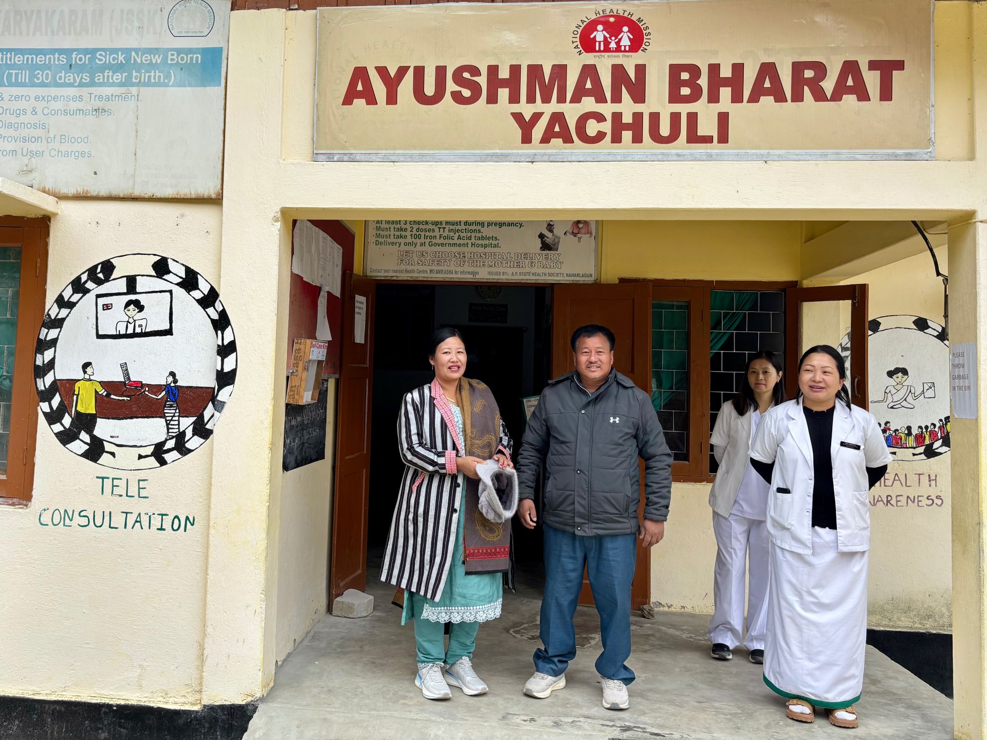 Village head Ms Joram Mach and gram panchayat (village council) member Mr Joram Chilly with Ms Gida Sangeeta, senior nurse officer at Primary Health Centre Yachuli