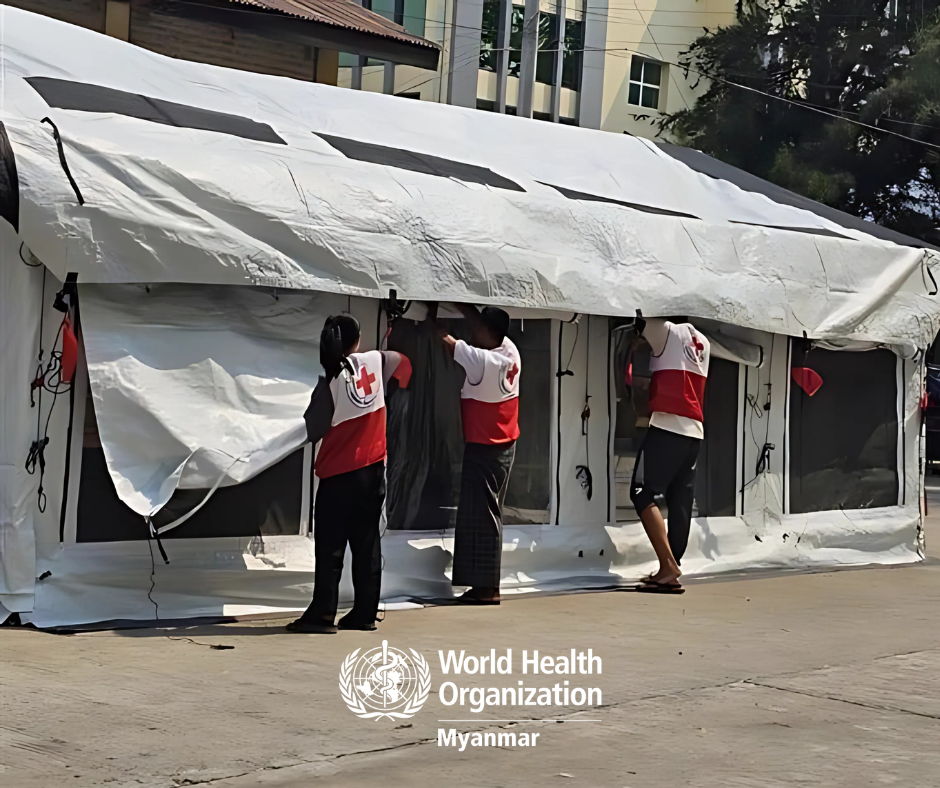 assembling temporary tent for mobile health care facility