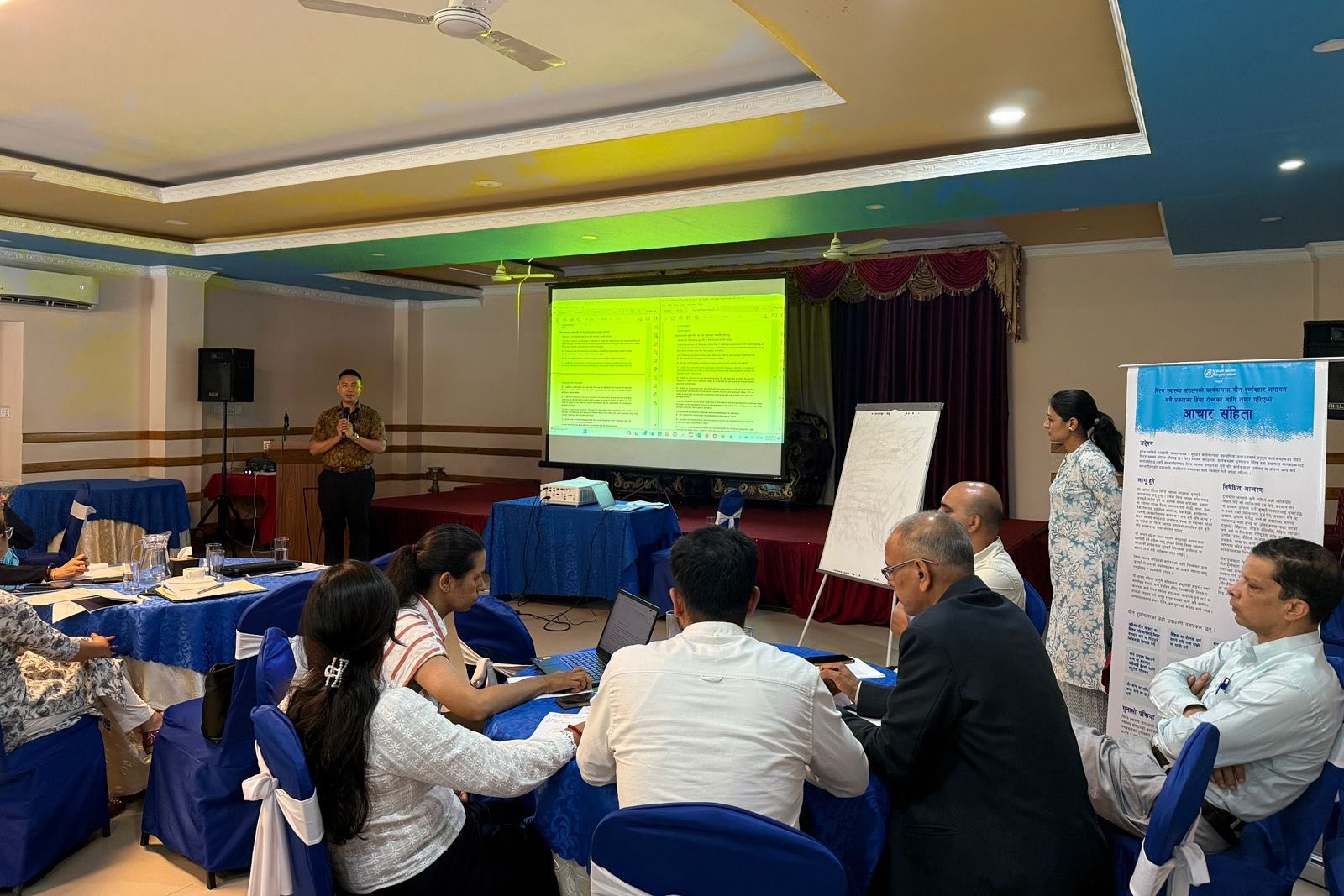 A WHO official delivers remarks during the multisectoral workshop to review Nepal’s progress on antimicrobial resistance using the Tracking AMR Country Self-Assessment Survey.