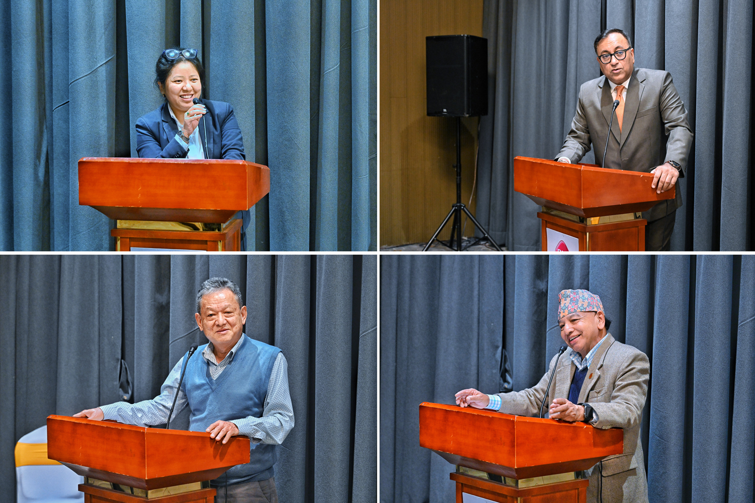 A collage of the dignitaries providing their remarks at an orientation session held for the newly reconstituted National Vaccine-Preventable Disease Expert Review Committees for polio and measles–rubella in Nepal