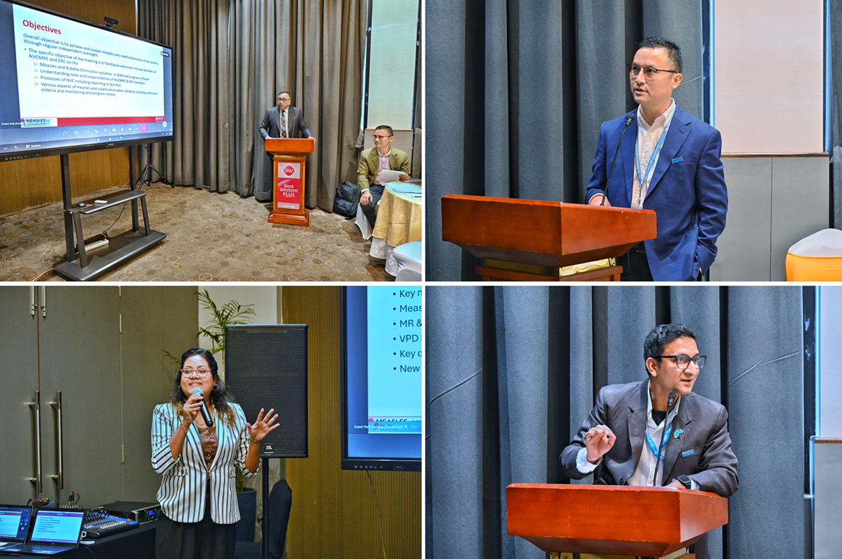 A collage of facilitators from WHO Nepal presenting at an orientation session held for the newly reconstituted National Vaccine-Preventable Disease Expert Review Committees for polio and measles–rubella in Nepal