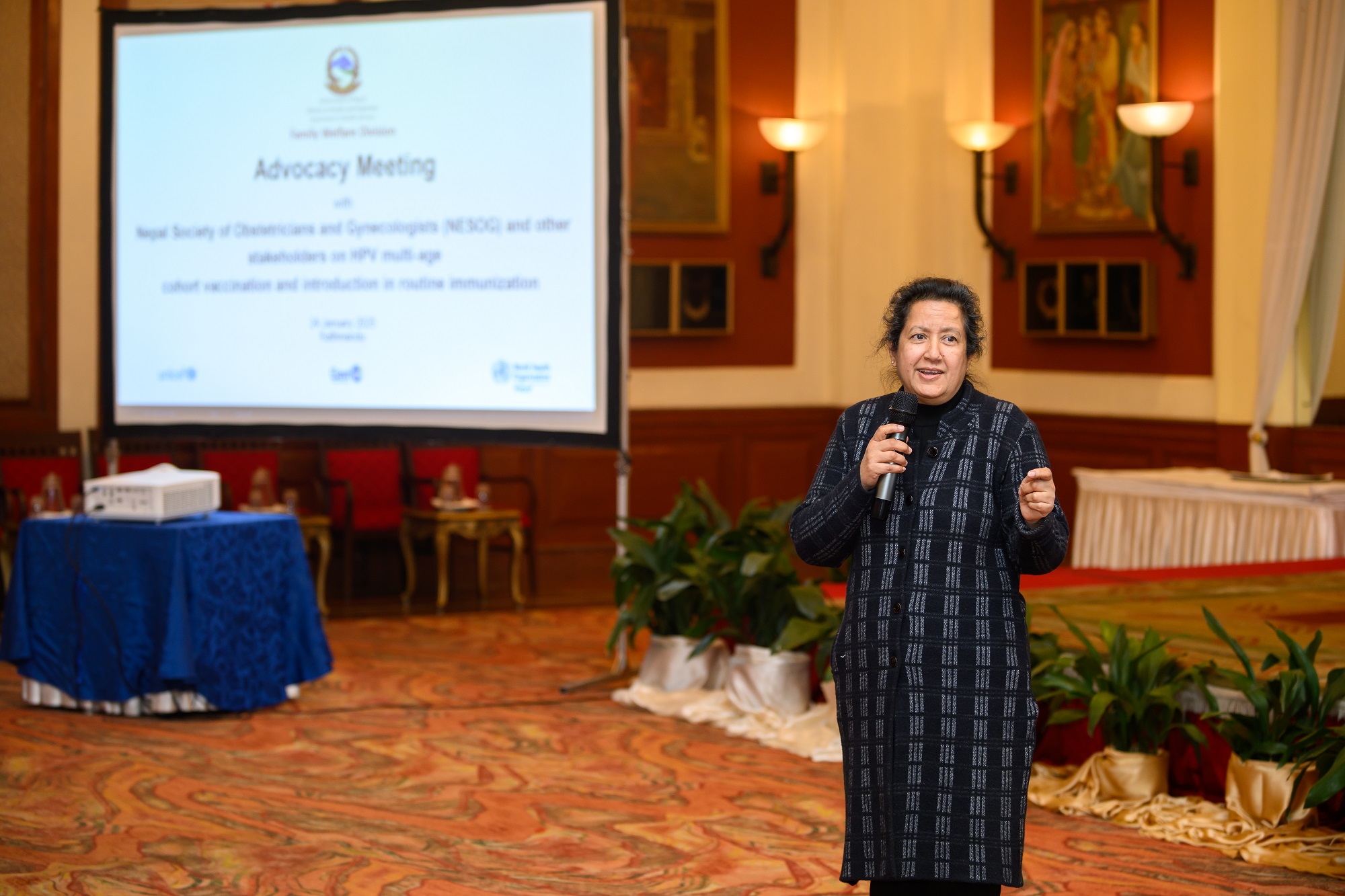 Dr Saroja Karki Pande, President of NESOG, providing her remarks at the advocacy meeting for the integration of HPV vaccination in the national routine immunization program in Nepal