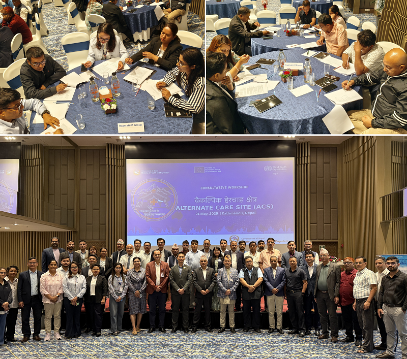 Participants actively engaged in the consultative workshop to review the draft guidelines on Alternate Care Sites (ACS) held in Bagmati Province, Nepal (top); group photo of the participants (bottom).