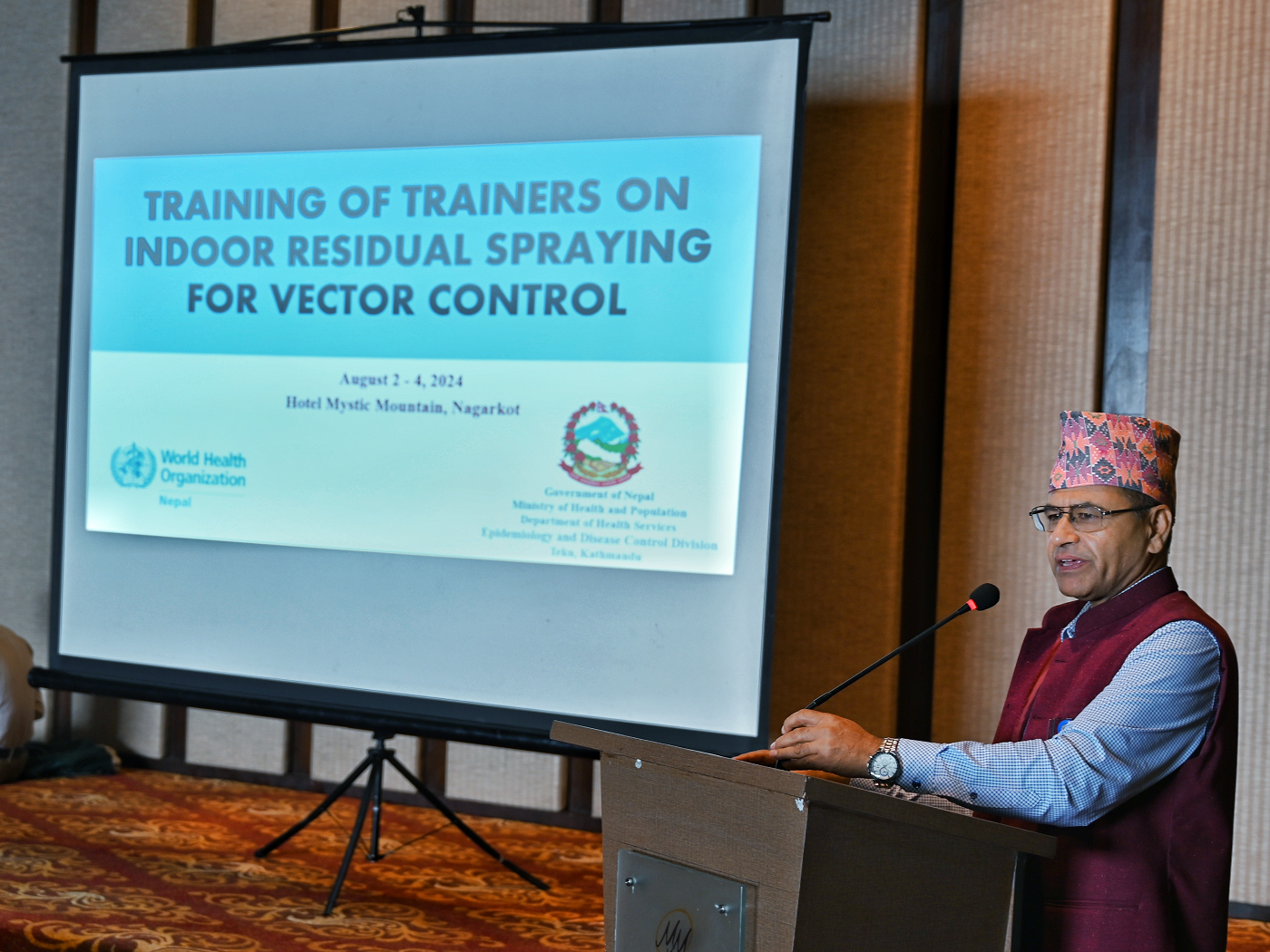 Dr Yadu Chandra Ghimire, Director of Epidemiology and Disease Control Division, MoHP, providing his remarks at the hands-on training of trainers on Indoor Residual Spraying for vector-borne diseases held in Bagmati province, Nepal