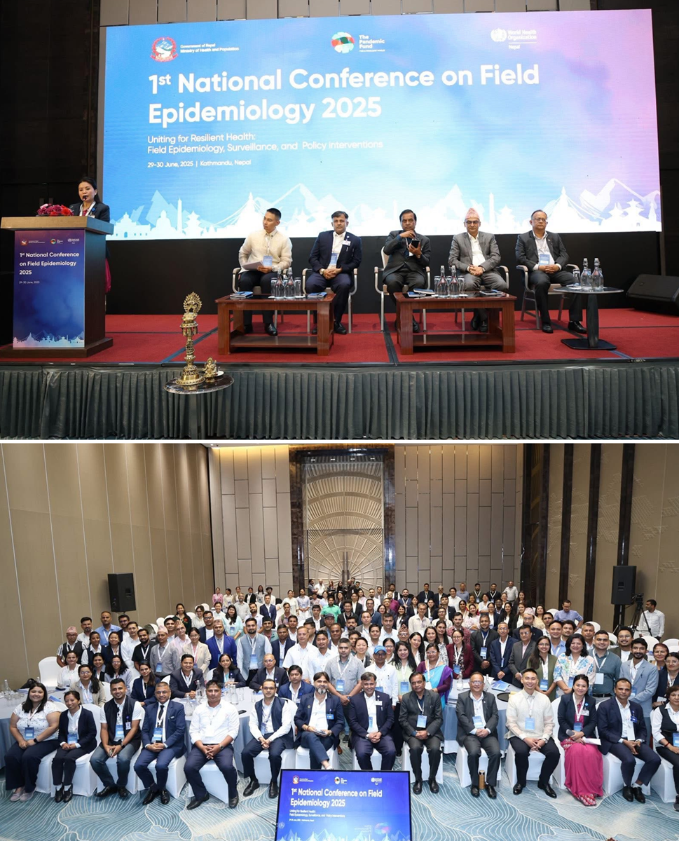 Dignitaries at Nepal's first national conference on field epidemiology (top) and a group photo of participants (bottom)