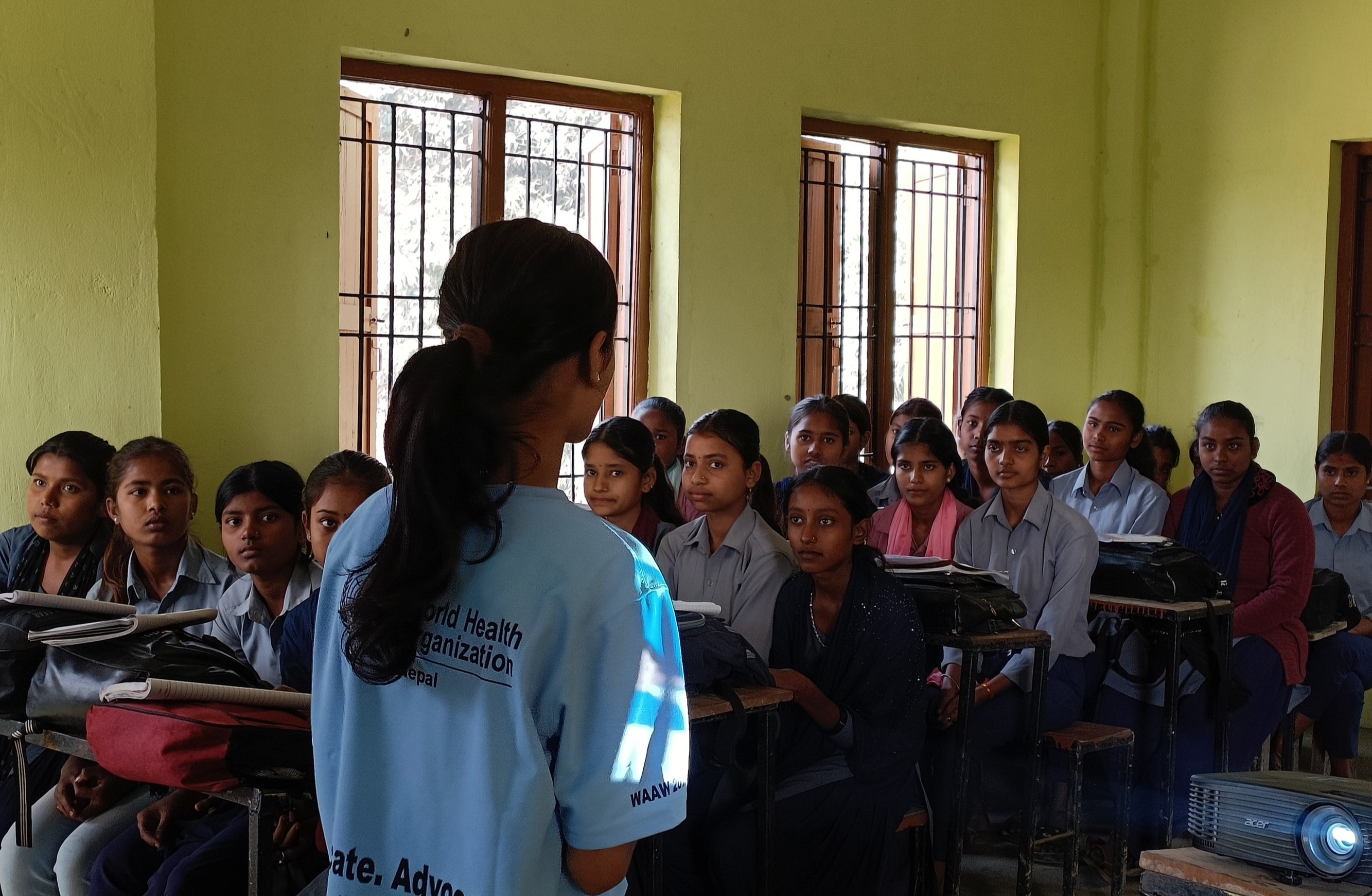 An awareness session on Antimicrobial Resistance being conducted by a NYMAT Nepal volunteer in a school in Madhesh province, Nepal
