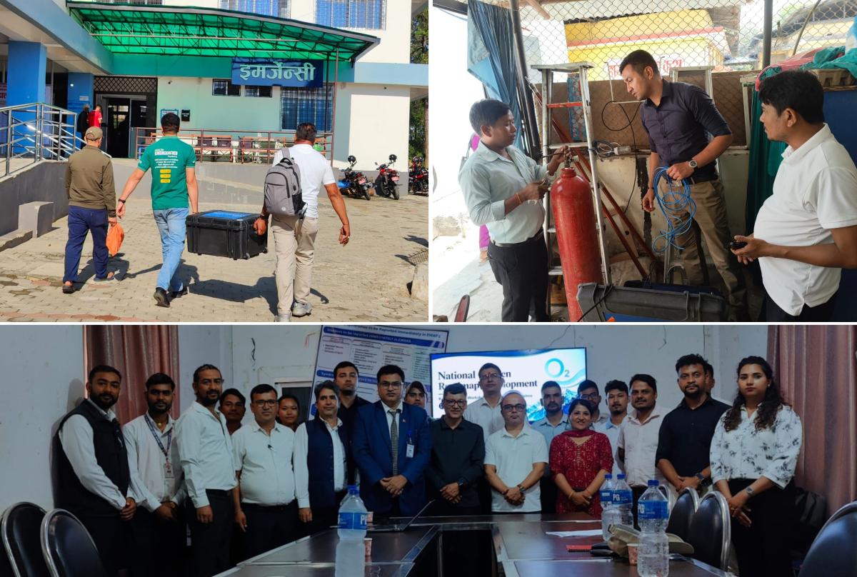 A collage highlighting the provincial consultation and hospital assessment mission in Sudurpashchim Province to support the development of Nepal’s first National Oxygen Roadmap