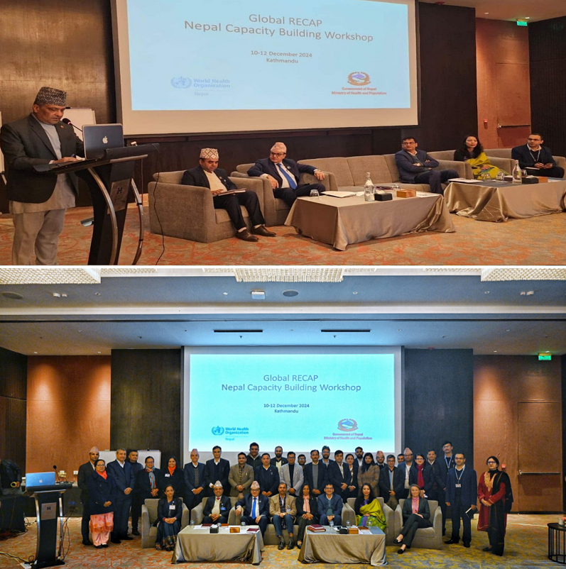 Dignitaries from the Ministry of Health and Population at the dais during the National Capacity Building Workshop for Global RECAP held in Bagmati Province, Nepal (top), and a group photo of the participants (bottom)