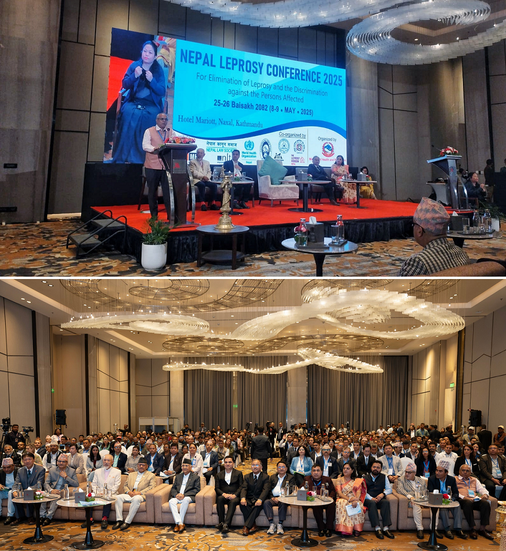 A collage of WHO Representative to Nepal providing his remarks at the Nepal Leprosy Conference (top) and a photo of the attendees (bottom)