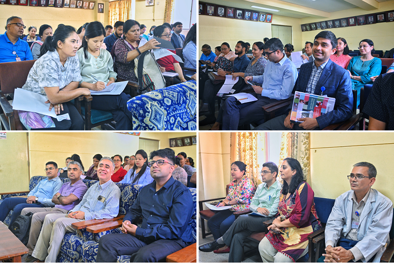 Participants (top row) and facilitators (bottom row) of the Care for Child Development course pictured ahead of the practical sessions at Kanti Children’s Hospital, Nepal.
