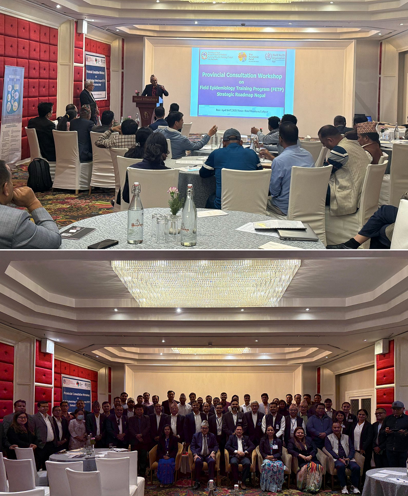 Participants actively engaged in the provincial-level workshop to shape Nepal’s Field Epidemiology Training Strategy in Bagmati Province, Nepal (top) and a group photo of the attendees (bottom)