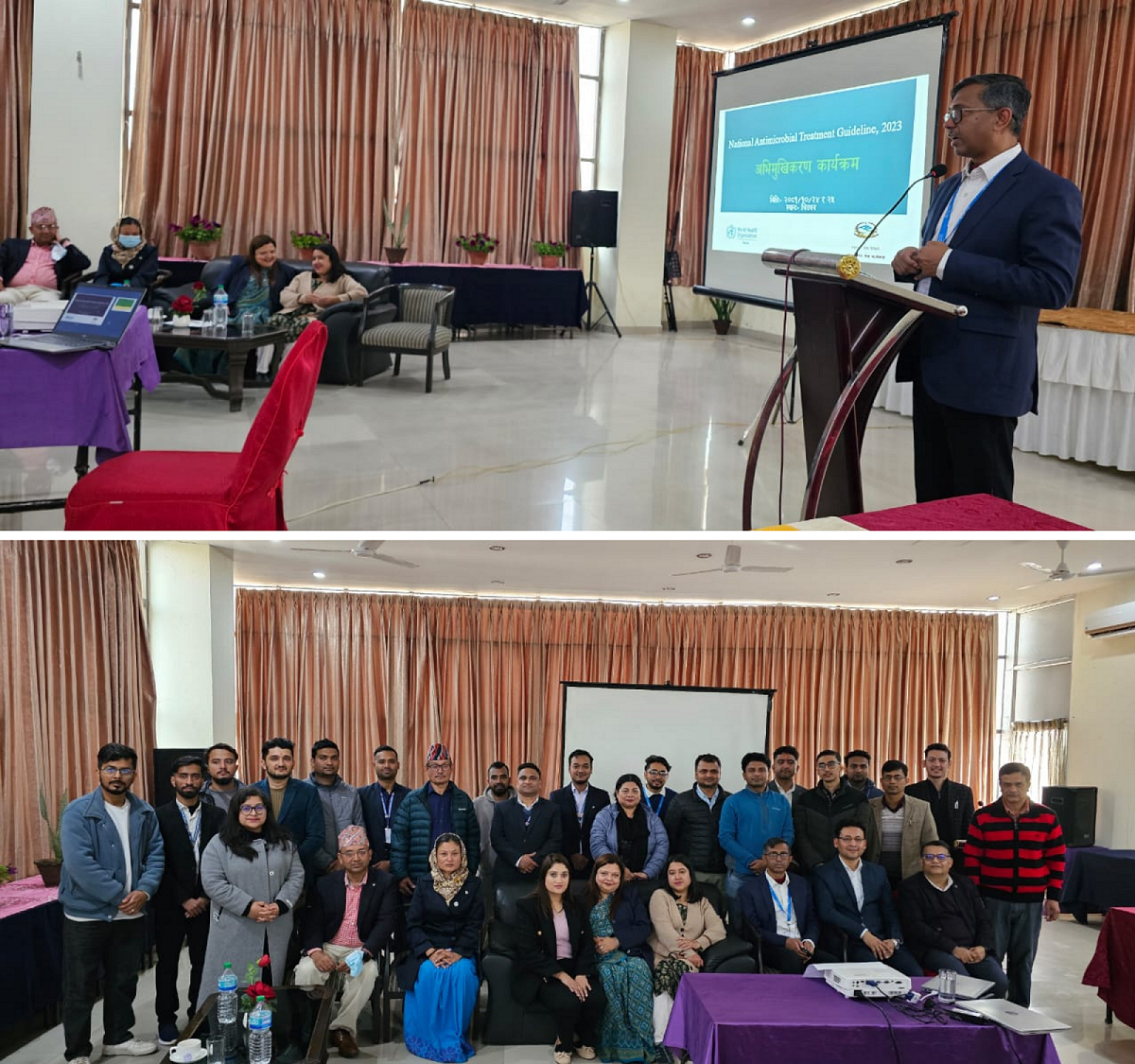 A collage featuring participants actively involved in the provincial orientations on the National Antimicrobial Treatment Guidelines held in Chitwan (top) and a group photo of the participants (bottom)