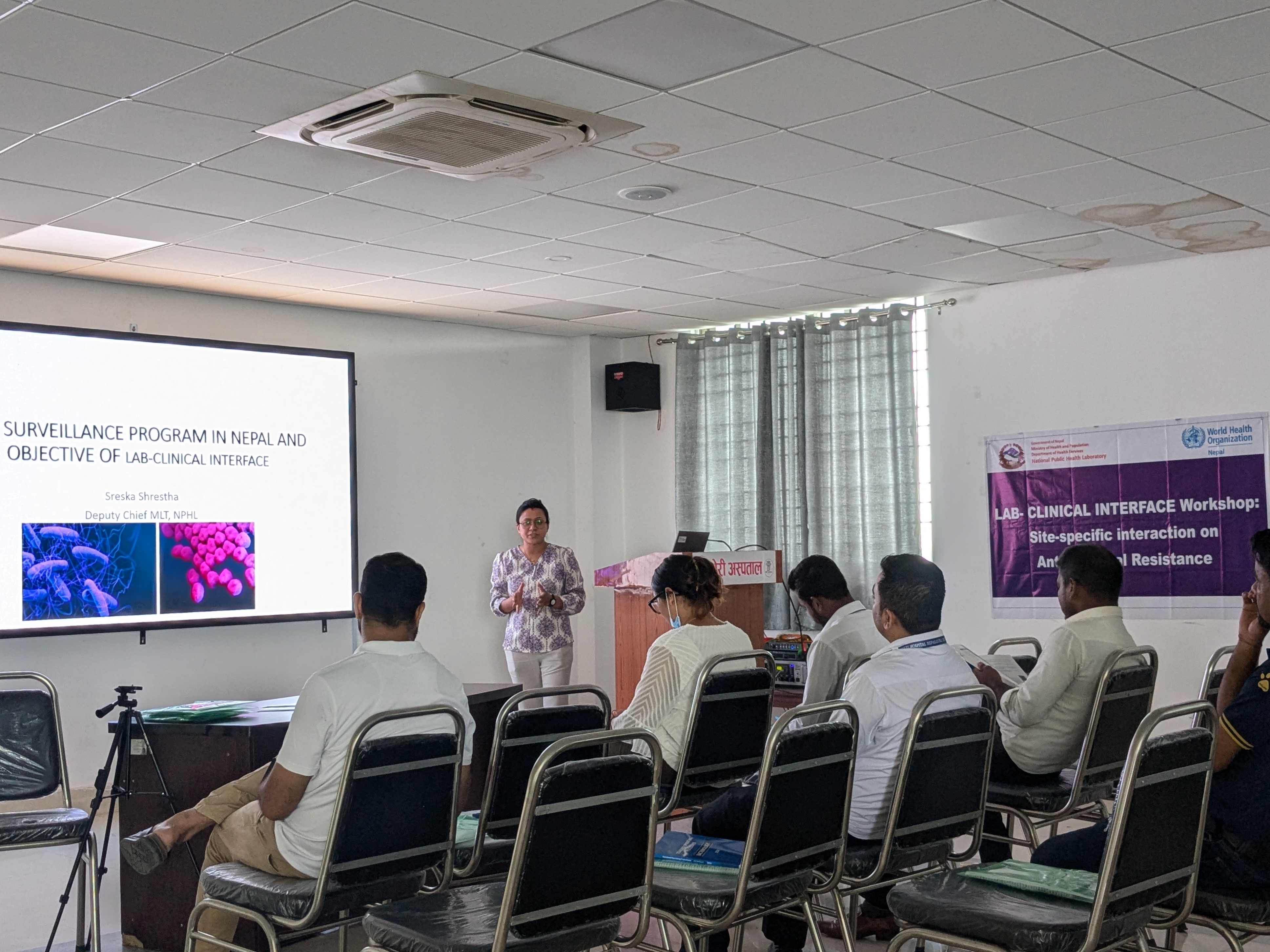 A personnel from National Public Health Laboratory, Ministry of Health and Population, orienting laboratory personnel on laboratory-based Antimicrobial Resistance surveillance at Bheri Hospital, Lumbini province, Nepal