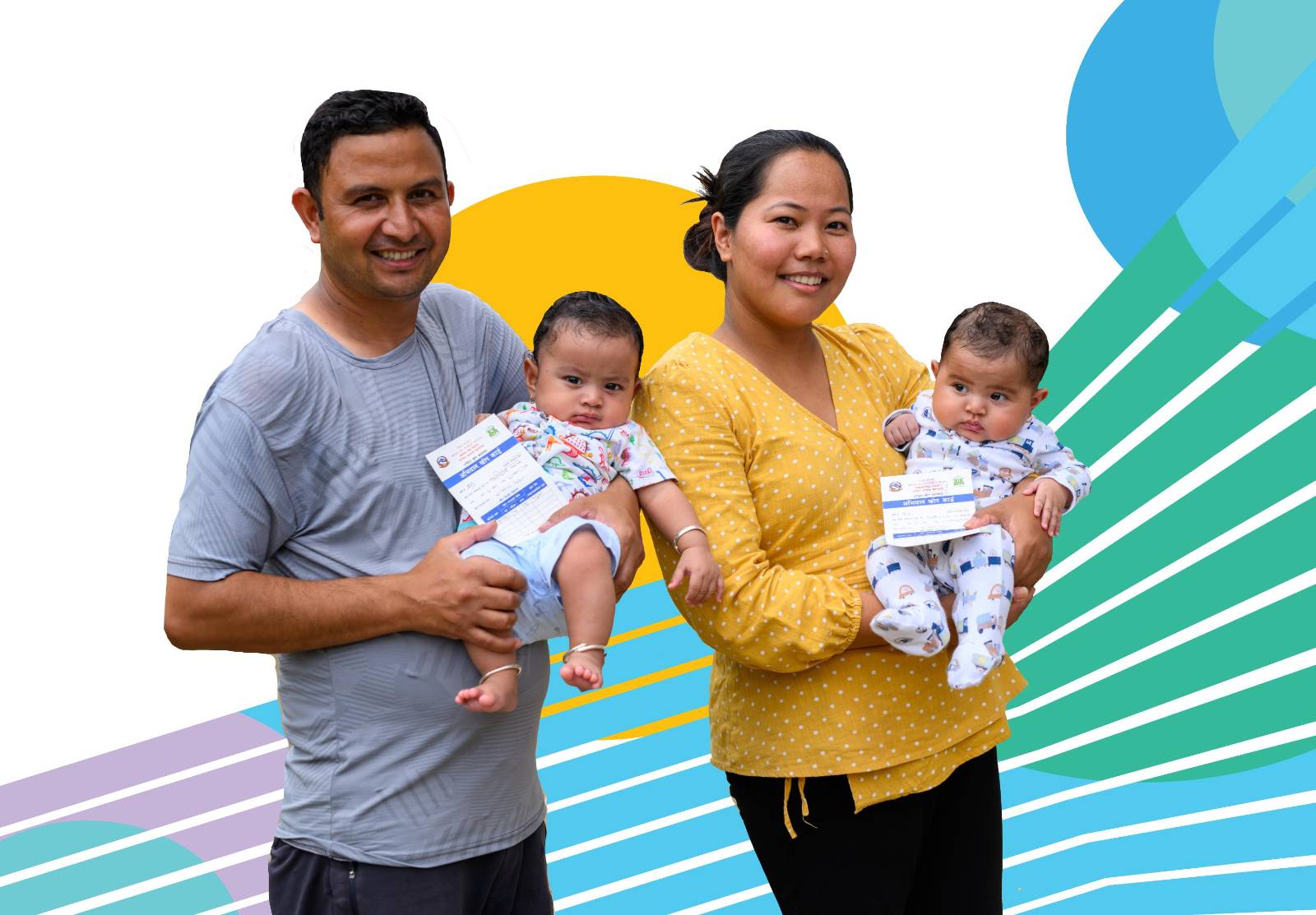 A father and mother each hold their baby following routine immunization in Nepal