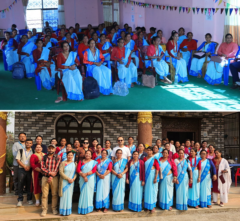 A photo of participants attending a workshop on strengthening mental health services at the municipal level in Karnali Province (top), and a group photo of participants from a similar workshop held in Gandaki Province, Nepal (bottom).