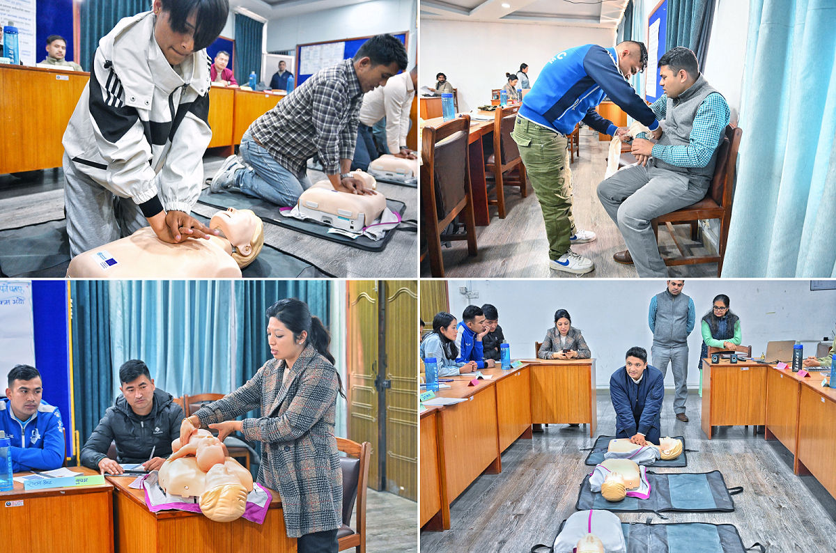 A collage of Community First Health Responders being trained with basic first aid skills in Nepal