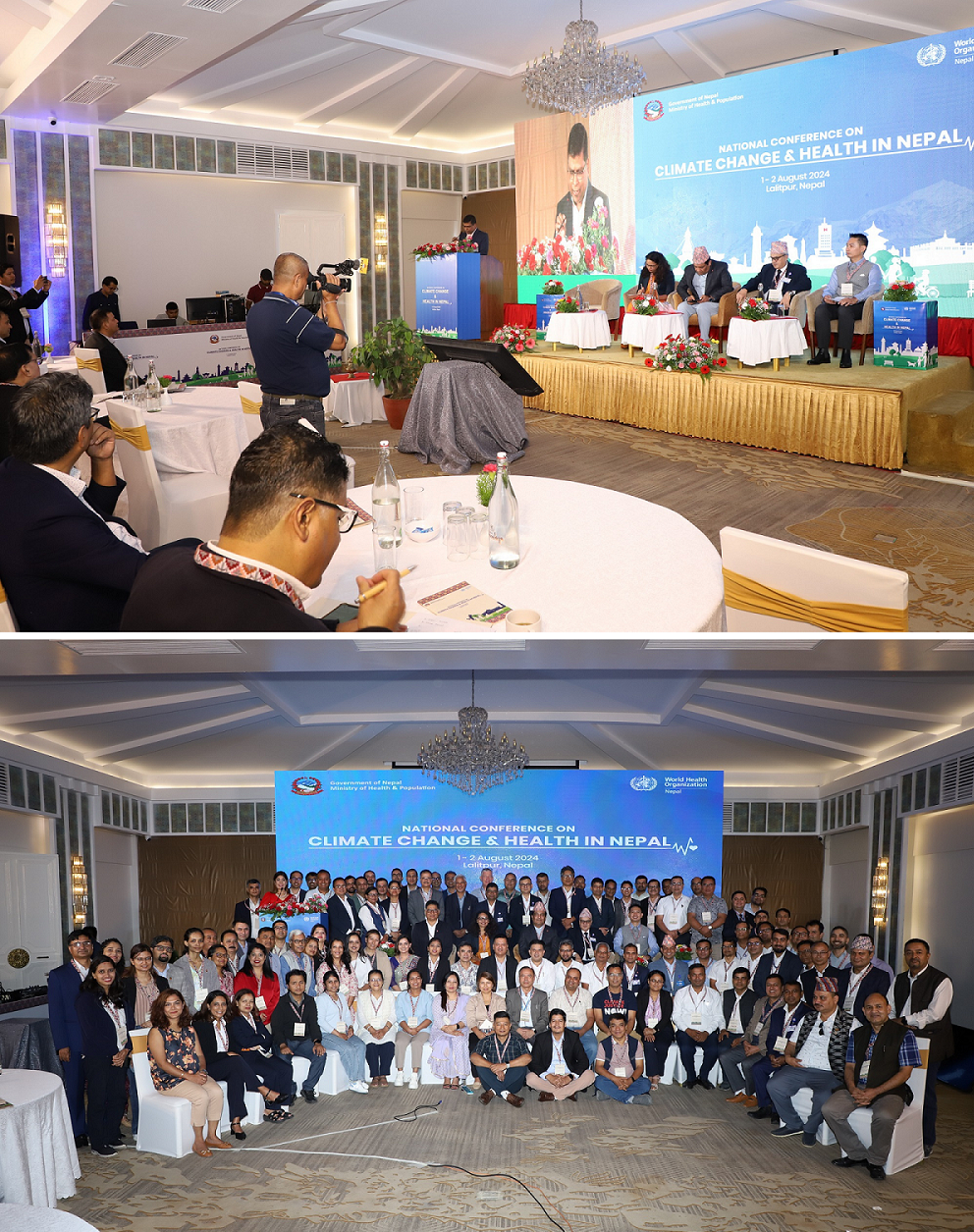 A collage of the panel discussion and group photo of participants during the national conference on climate change and health held in Bagmati province, Nepal