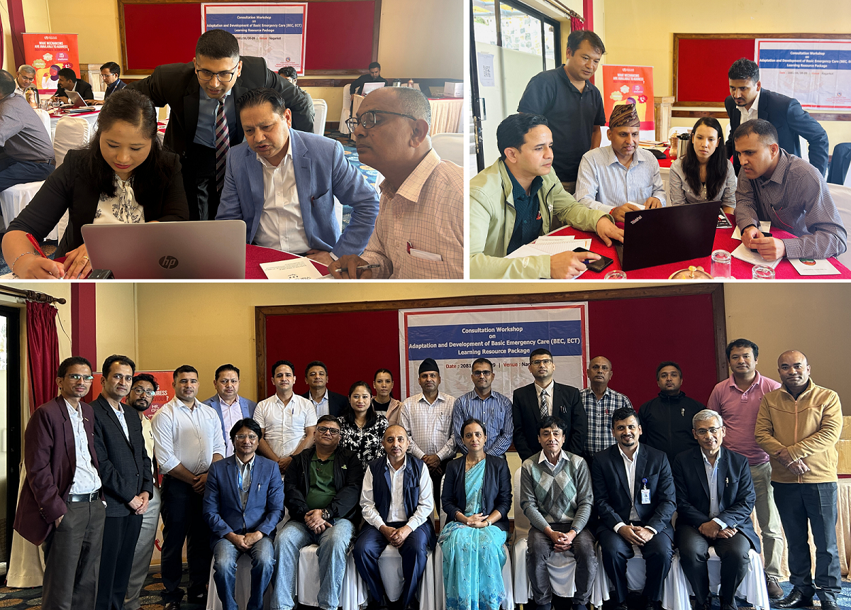 A collage showcasing participants actively engaged in the Basic Emergency Care adaptation workshop (top), along with a group photo of the participants (bottom), from the workshop held in Bagmati Province, Nepal.