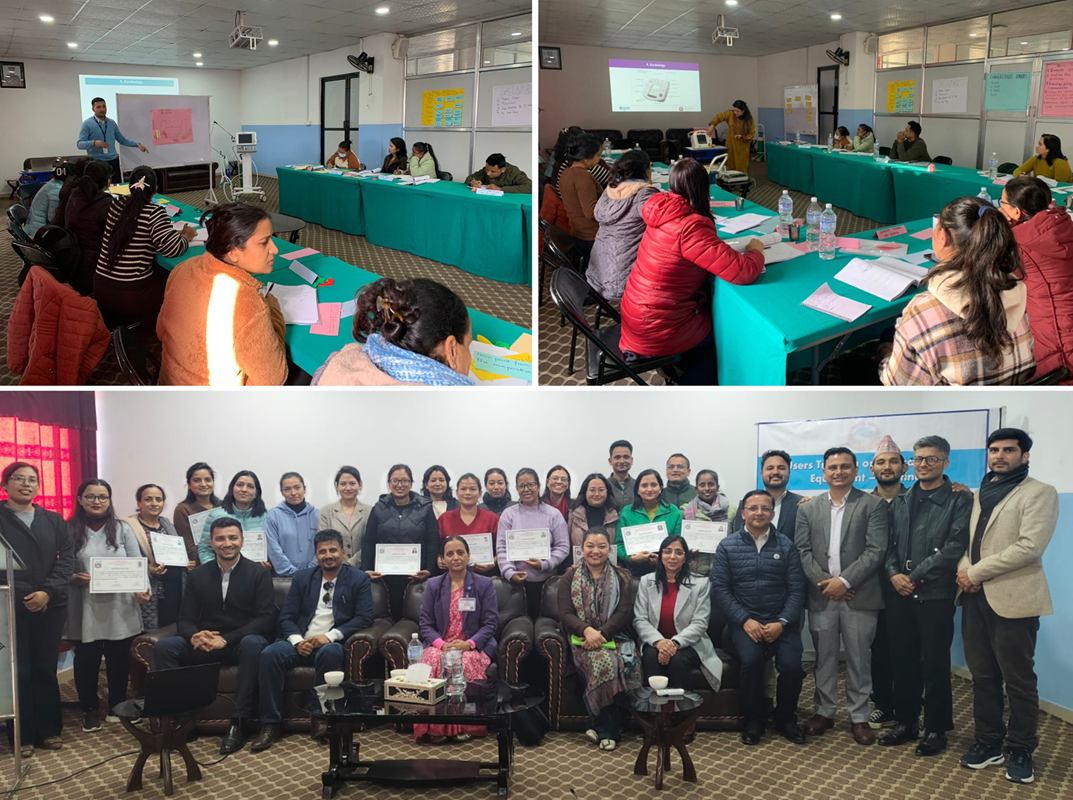 A collage featuring participants actively engaged in the critical care equipment training at Nepal Armed Police Forces Hospital (top) and a group photo of the participants (bottom)