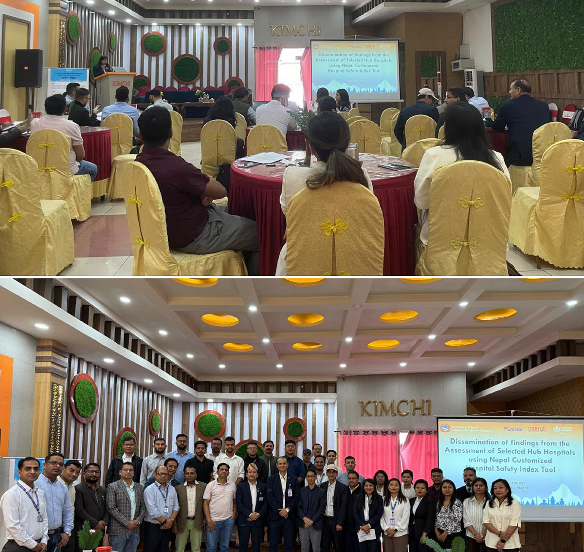 Participants actively engaged in a workshop held in Bagmati province, Nepal, to share key findings from Hospital Safety Assessment conducted across Nepal (top) and a group photo of the attendees (bottom)