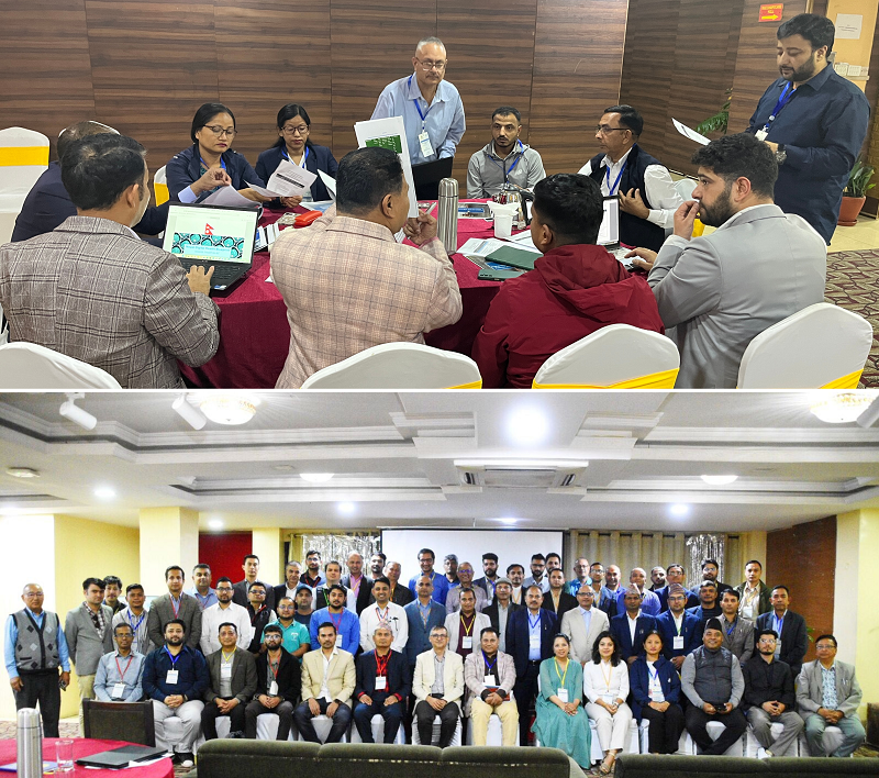 Participants at the workshop to develop Nepal’s Digital Health Blueprint in Bagmati Province, Nepal, actively engaged in discussions (top), and a group photo of attendees (bottom)