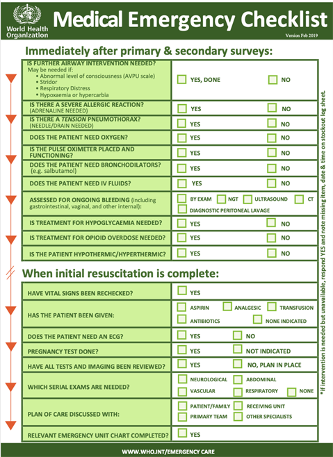 WHO Medical Emergency Checklist