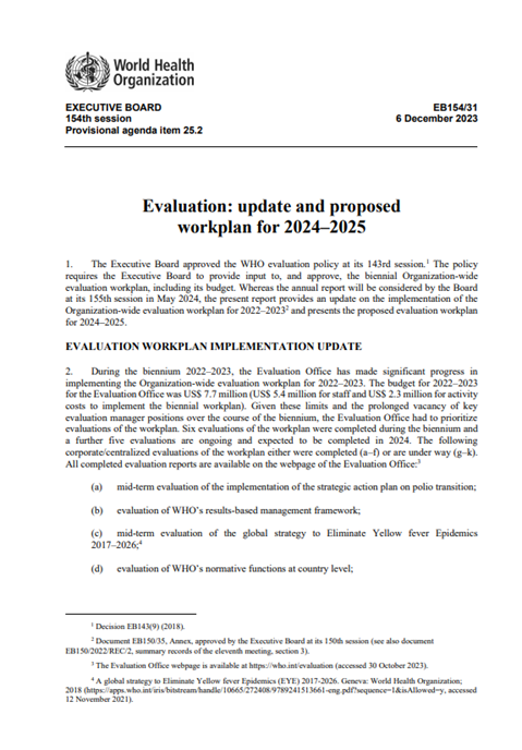 2024-2025 Evaluation: update and proposed workplan  (EB154/31)