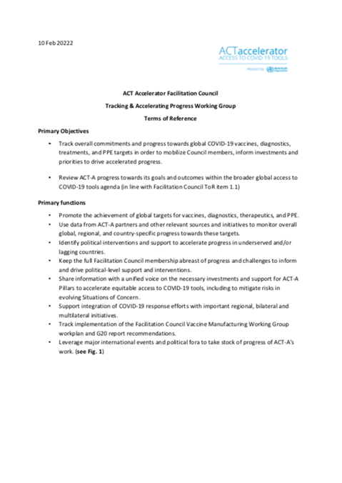 ACT-Accelerator Facilitation Council Tracking & Accelerating Progress Working Group Terms of Reference
