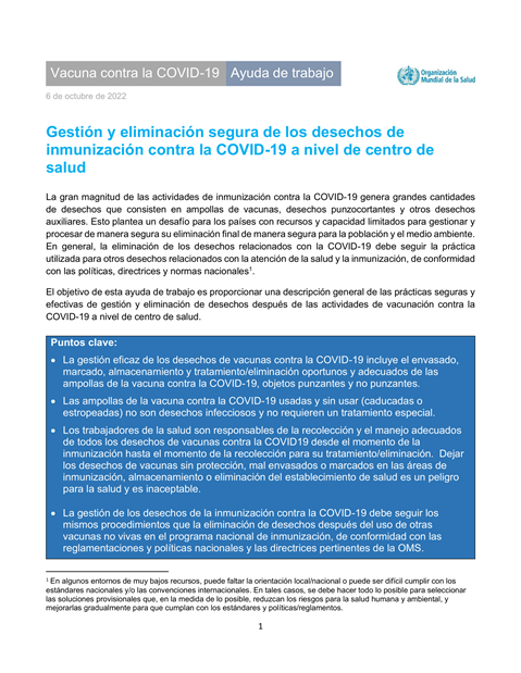 Gestión y eliminación segura de los desechos de inmunización contra la COVID-19 a nivel de centro de salud