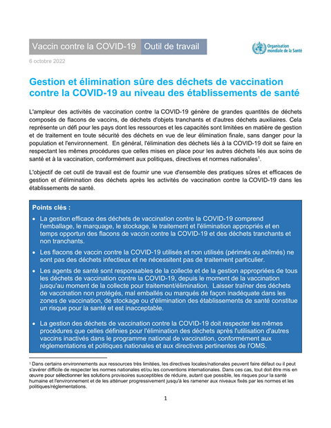 Gestion et élimination sûre des déchets de vaccination contre la COVID-19 au niveau des établissements de santé