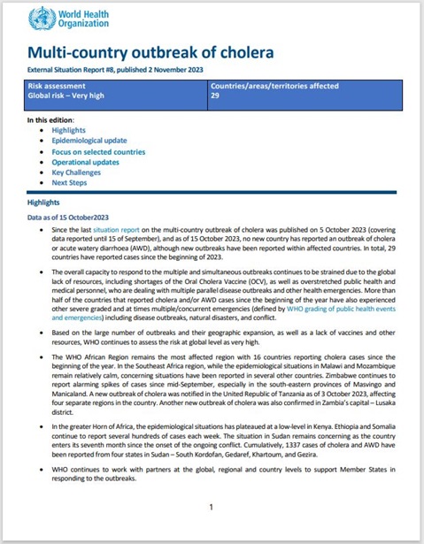 Multi-country outbreak of cholera, External situation report #8 - 2 November 2023