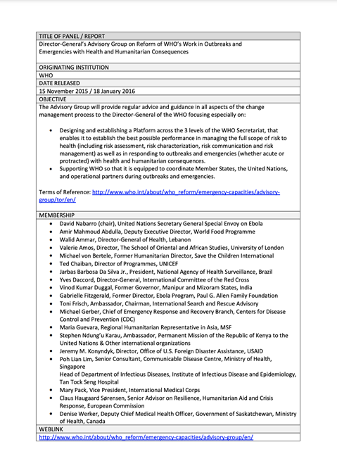 Director-General’s Advisory Group on Reform of WHO’s Work in Outbreaks and Emergencies with Health and Humanitarian Consequences