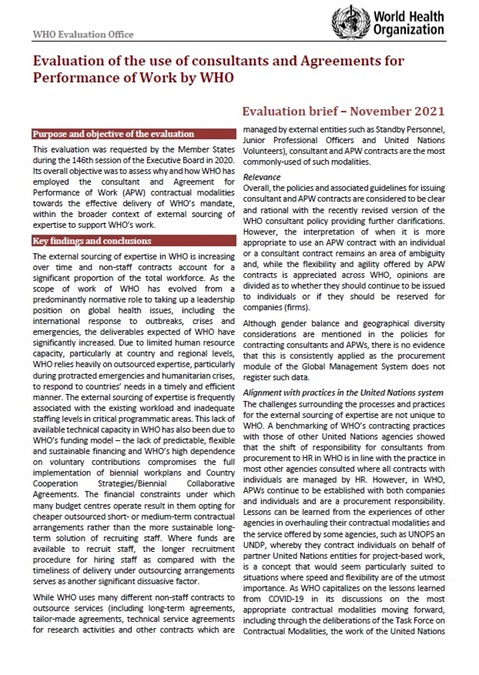 Evaluation of the use of consultants and Agreements for Performance of Work by WHO: Evaluation brief - November 2021