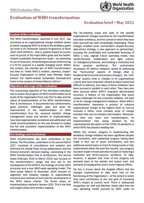 Evaluation of WHO transformation: Evaluation brief - May 2021
