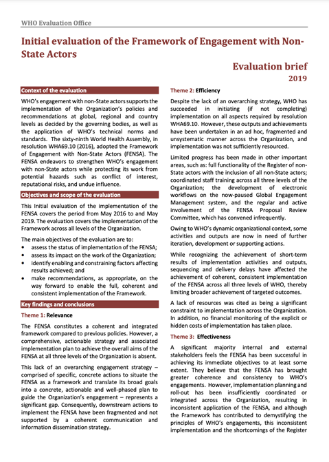 Initial evaluation of the Framework of Engagement with Non-State Actors - Evaluation Brief - 2019