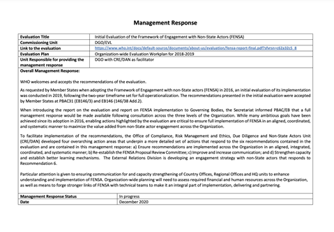 Initial Evaluation of the Framework of Engagement with Non-State Actors - Management Response - December 2020, updated May 2022